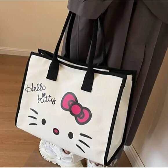 New Hello Kitty Canvas Shoulder Tote Bag Cute Functional Shopping Work Travel - Picture 1 of 2